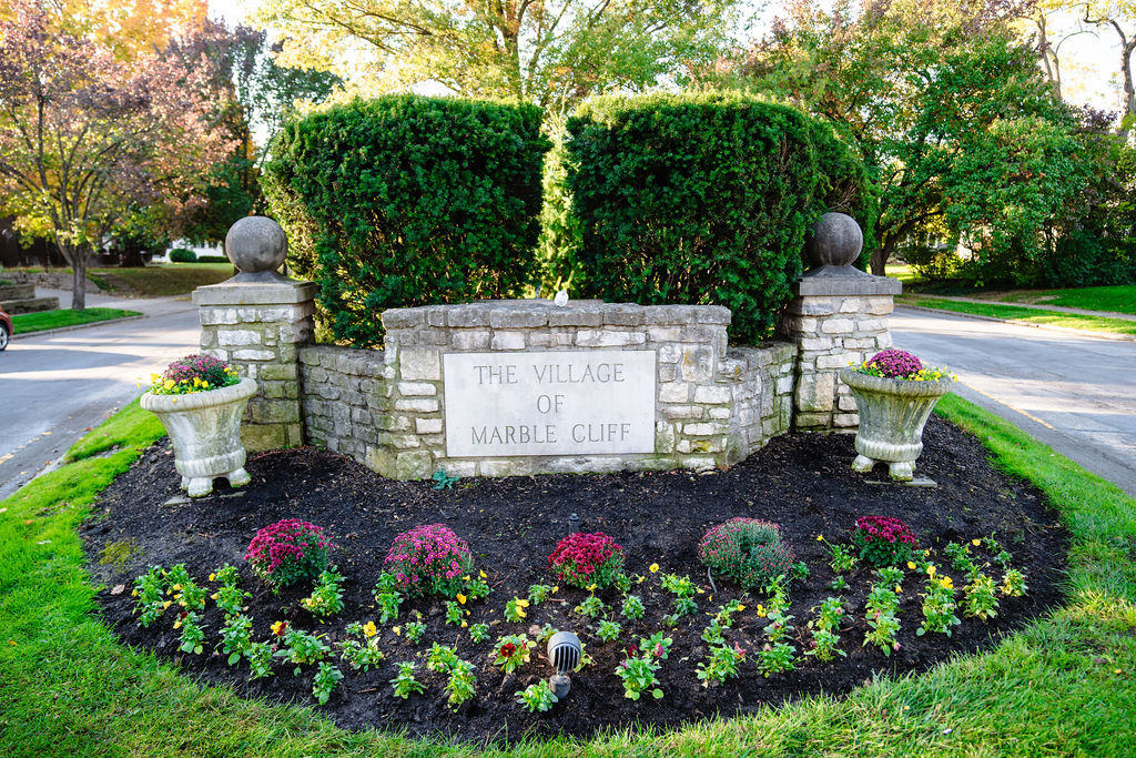 Main Sign of the Village Marble Cliff from above an area of Columbus Ohio